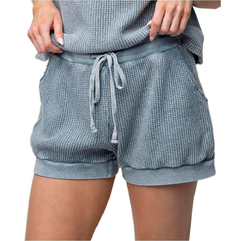 NWT- Women's Easel Mineral Washed Waffle Knit Shorts, Denim Blue